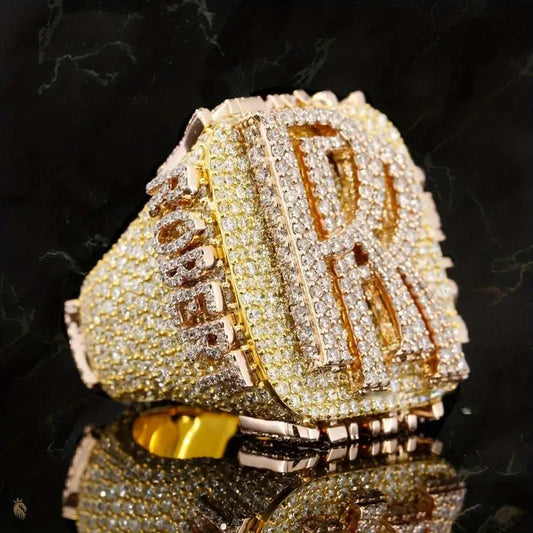 Hip-Hop Initials Ring – 18K Gold Plated, S925 Copper Base with Synthetic Stones, Handmade Statement Jewelry