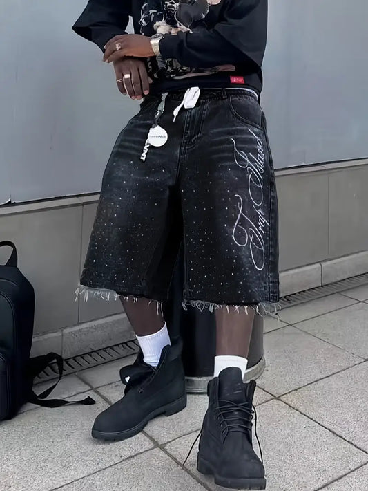 Men's Retro Washed Denim Shorts – Wide-Leg Cropped Jeans with Straight Fit & Casual Streetwear Style