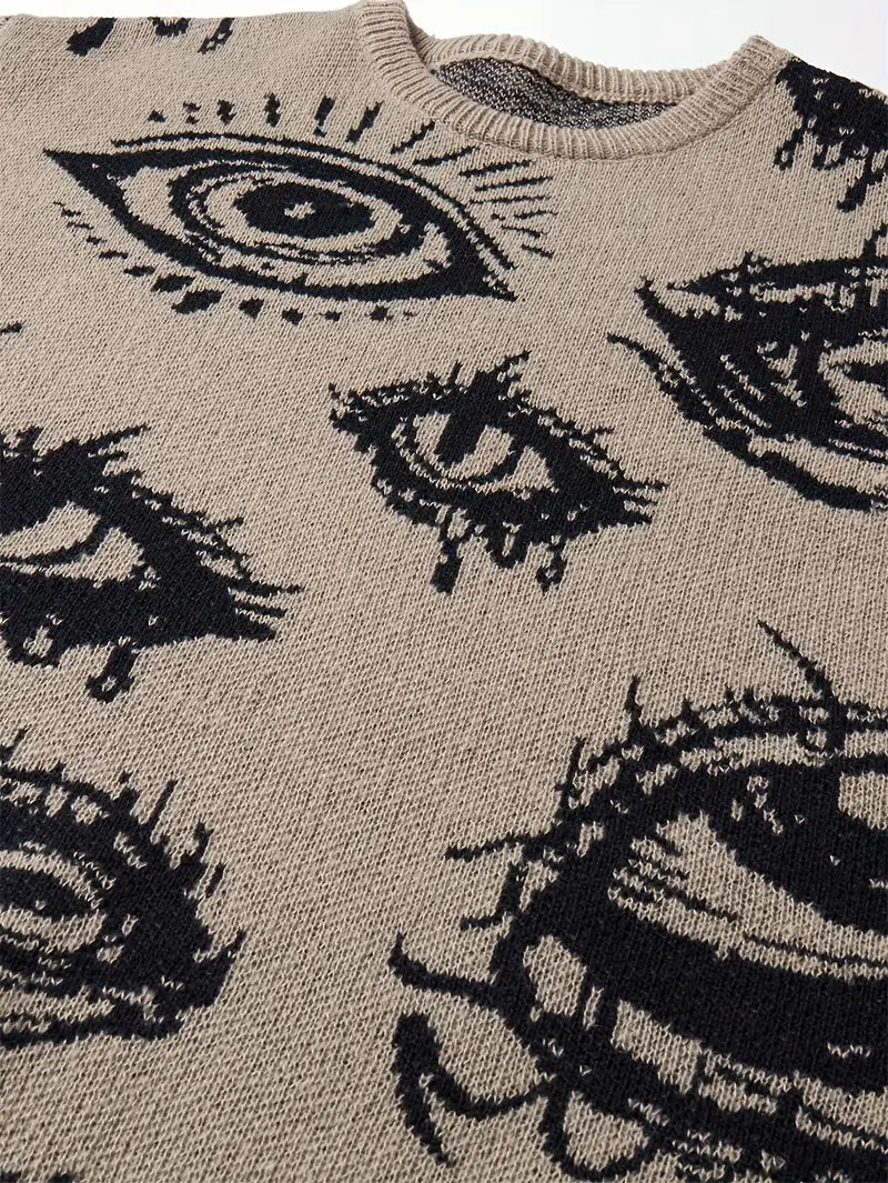 Eye Graphic Sweater – Unisex Streetwear Pullover, Black & White Knit, Fall Winter Fashion Coffe