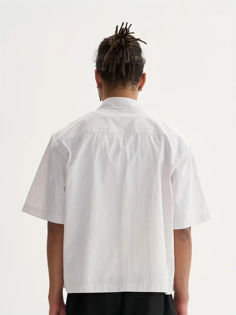 Unisex Casual Striped Shirt Oversized Short Sleeve Button-Up with Chest Pocket Lightweight Polyester