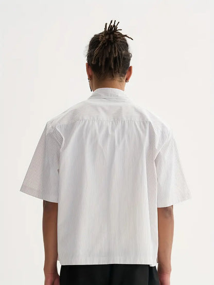 Unisex Casual Striped Shirt Oversized Short Sleeve Button-Up with Chest Pocket Lightweight Polyester
