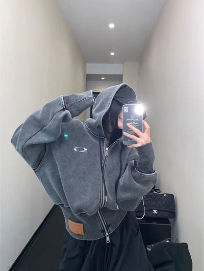 Women's Oversized Hooded Jacket with Full-Zip Closure Soft Comfortable Loose Fit Retro Coat Navy Red