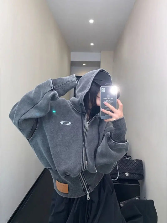 Women's Oversized Hooded Jacket with Full-Zip Closure Soft Comfortable Loose Fit Retro Coat Navy Red