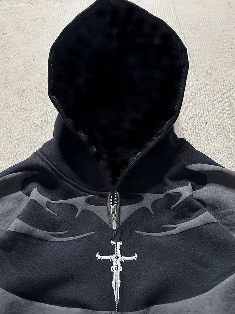 Men's Tribal Zipper Hoodie Loose Fit Streetwear Jacket with Hood Urban Casual Outerwear Orange