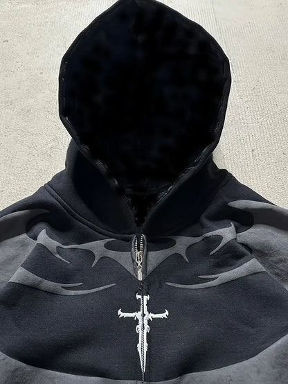 Men's Tribal Zipper Hoodie Loose Fit Streetwear Jacket with Hood Urban Casual Outerwear Orange