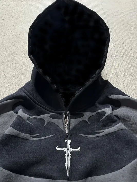 Men's Tribal Zipper Hoodie Loose Fit Streetwear Jacket with Hood Urban Casual Outerwear Orange