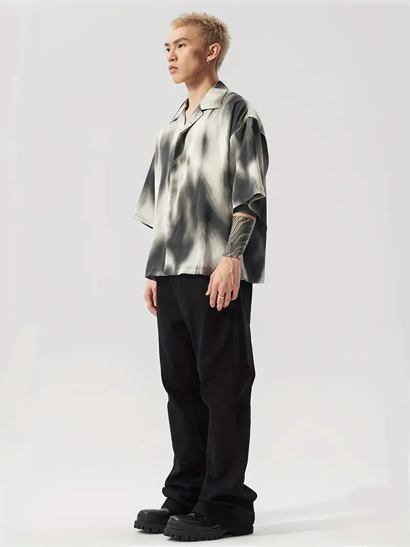 Unisex Ombre Polyester Shirt Lapel Collar Button-Up Short Sleeve Top for Summer Beach Party Wear