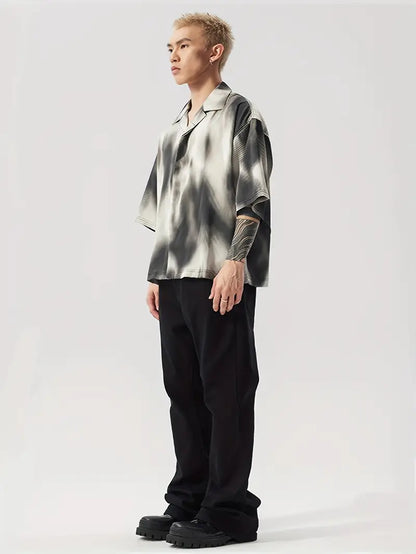 Unisex Ombre Polyester Shirt Lapel Collar Button-Up Short Sleeve Top for Summer Beach Party Wear