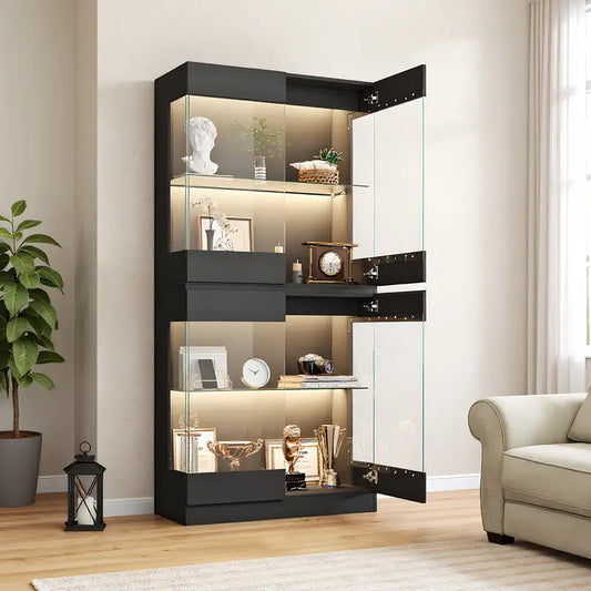 Extra-Tall 4-Tier Glass Display Cabinet with LED Lighting – Freestanding Storage Unit with Adjustable Shelves & Anti-Tip Safety – Black, 64.96" Height