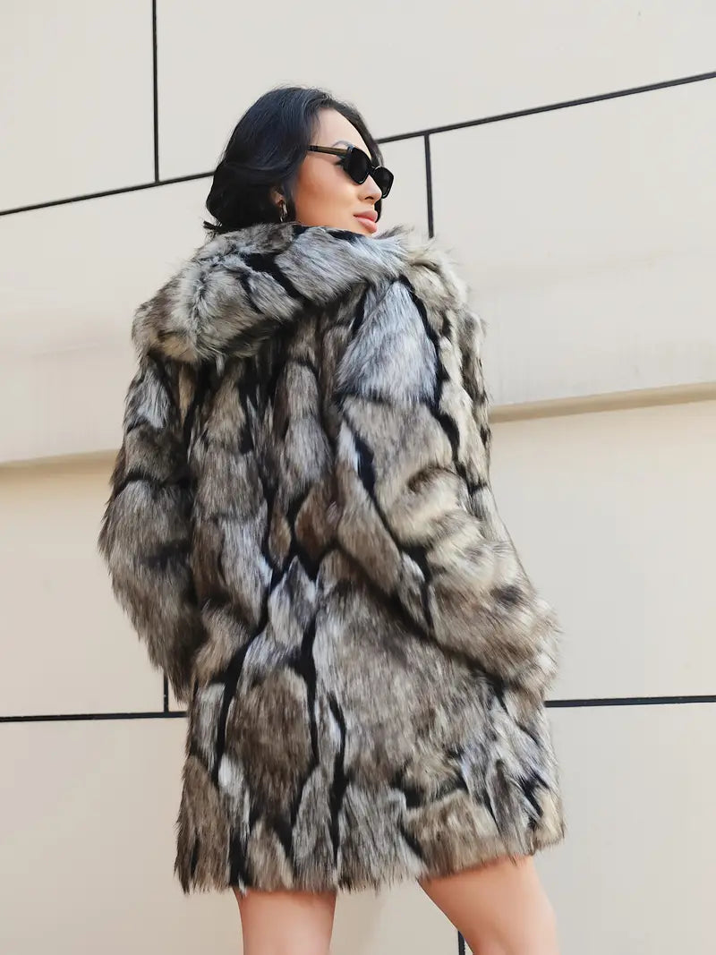 Women's Faux Fur Mid-Length Coat with Pockets Single-Breasted Button Front Regular Fit for Autumn Winter Casual