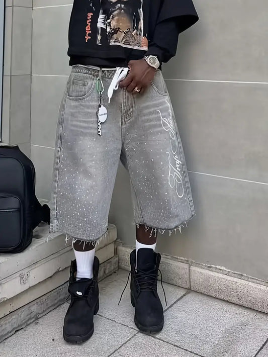 Men's Retro Washed Denim Shorts – Wide-Leg Cropped Jeans with Straight Fit & Casual Streetwear Style Grey