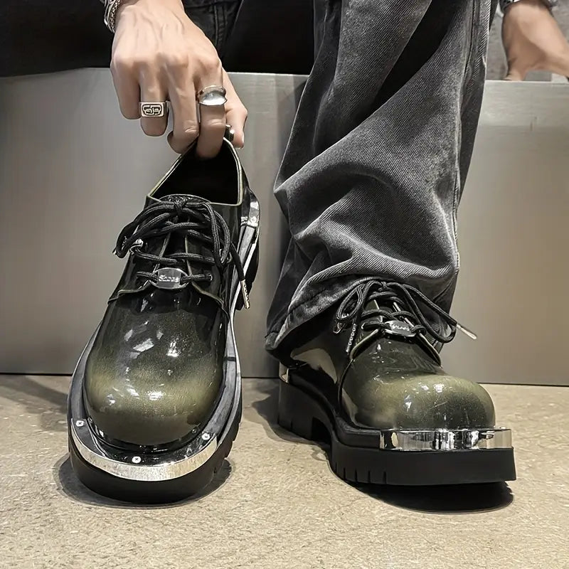 Men's Low-Top Lace-Up Boots – Glossy Multi-Color Ankle Shoes, PU Upper, Streetwear & Casual Style