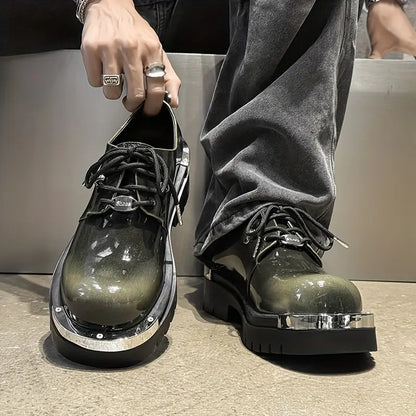 Men's Low-Top Lace-Up Boots – Glossy Multi-Color Ankle Shoes, PU Upper, Streetwear & Casual Style