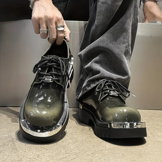 Men's Low-Top Lace-Up Boots – Glossy Multi-Color Ankle Shoes, PU Upper, Streetwear & Casual Style