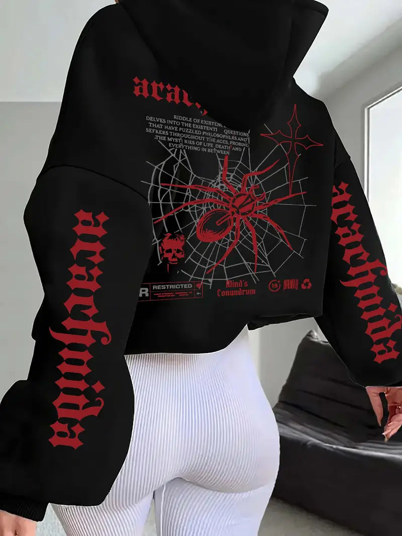 Women's Gothic Hoodie with Spider Web and Skull Graphic Black with Red Print Drawstring Hood Fall Winter