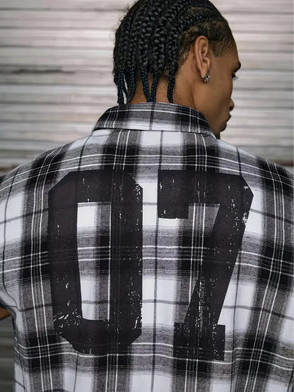 Men's Casual Short Sleeve Striped Print Shirt Loose Fit Button-Up Plaid and Solid Color Splice Design