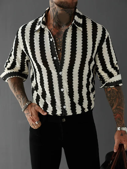 Men's Black White Striped Oversized Long Sleeve Shirt Button-Up Polyester No-Stretch for Casual Formal Wear