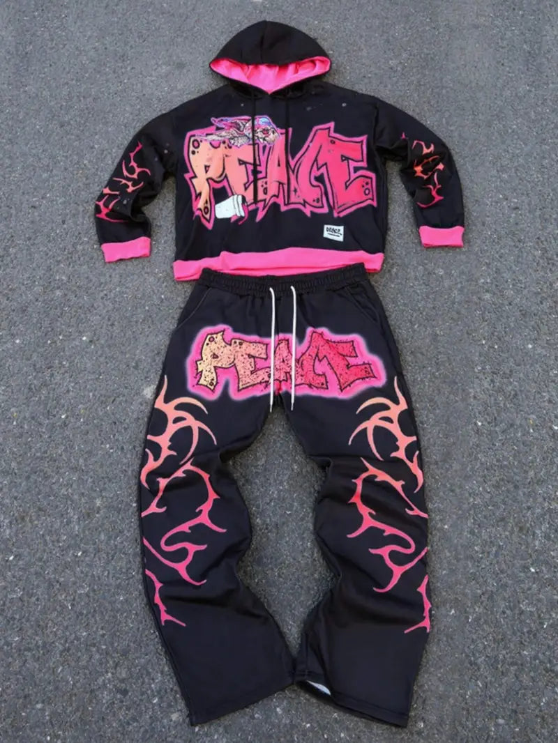 Men’s Dark Style Hoodie Set – Starry Thorn Letter Print Sweatshirt & Flared Pants for Streetwear