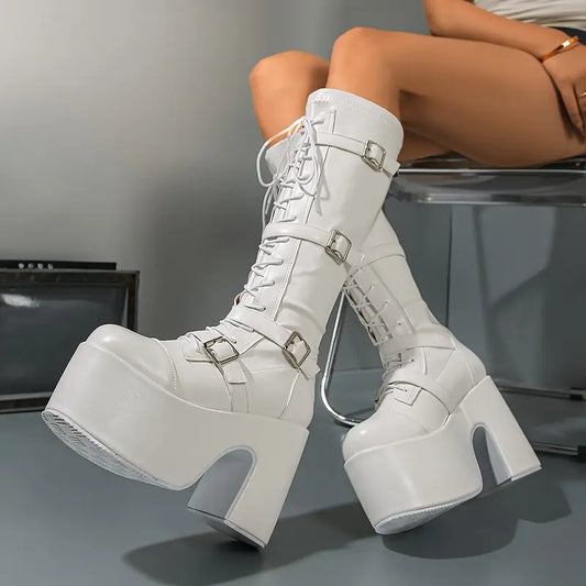 Y2K Punk Knight Over-the-Knee Platform Boots – Thick Block Heel, Lace-Up Front, Back Zipper, White Synthetic Cover