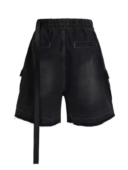 Men’s Distressed Denim Shorts – Loose Fit Workwear with Frayed Hem & Multi-Pocket Industrial Style