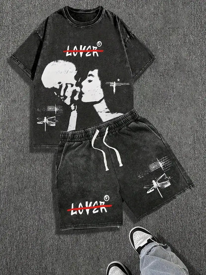 Men's Printed Apparel Combo Mysterious Face & Abstract Design Washed Cotton T-Shirt and Shorts Set Streetwear
