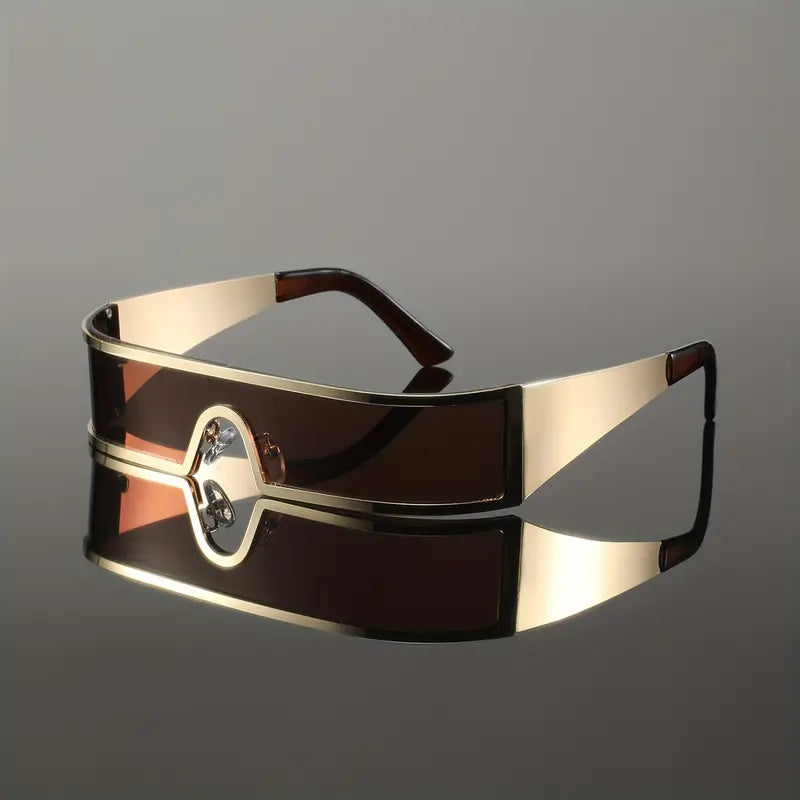 Cyberpunk Wrap-Around Fashion Glasses – One-Piece Metal Frame with Wide-Leg Lens Design, Futuristic Streetwear Eyewear