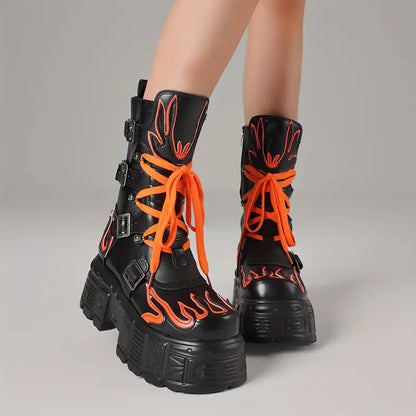 Women’s Punk Gothic Combat Boots – Chunky Platform Mid-Calf Boots with Side Zipper & Lace-Up Closure, Heavy-Duty Rubber Sole for Festivals & Streetwear