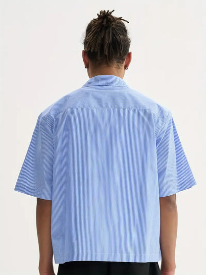 Unisex Casual Striped Shirt Oversized Short Sleeve Button-Up with Chest Pocket Lightweight Polyester