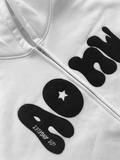 Women's Y2K Oversized Hooded Sweatshirt with Fleece Lining Zip-Up Closure Star Print White