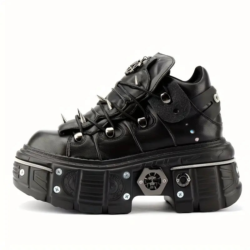 Unisex Punk Rivet-Studded Combat Sneakers – Gothic Black Platform Shoes with Metallic Accents