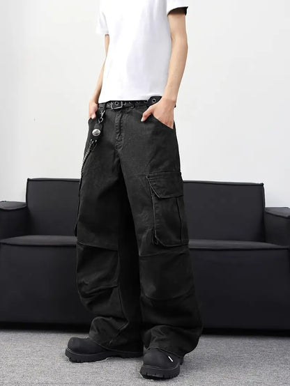 Men’s Solid Baggy Jeans – Black Loose Fit Cargo Pants with Pockets, Y2K Streetwear Style