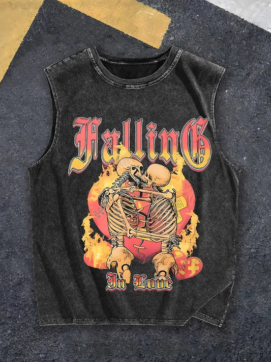 Men’s Gothic Skeleton Flames Vest – Dark Heavy Metal Graphic Tank, Washable Sleeveless Shirt for Concerts
