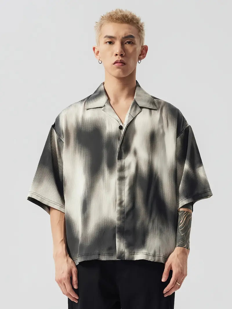 Unisex Ombre Polyester Shirt Lapel Collar Button-Up Short Sleeve Top for Summer Beach Party Wear