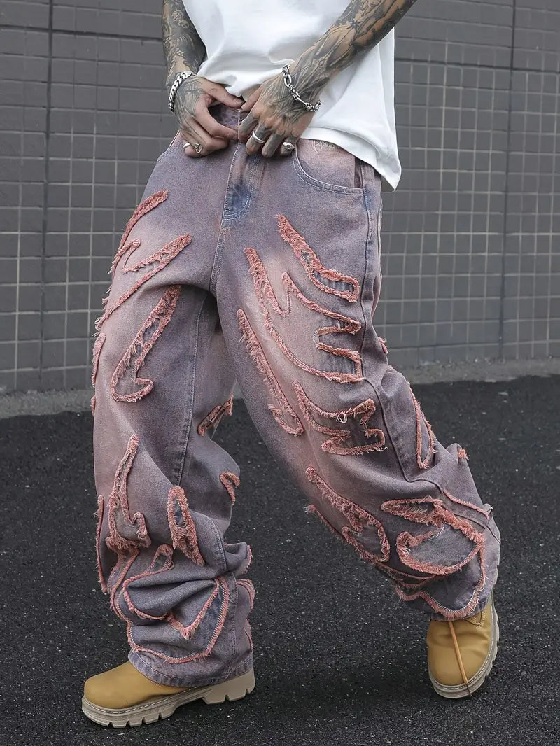 Men’s Vintage American Streetwear Loose-Fit Jeans – Frayed Hem, Gradient Wash, Wide-Leg