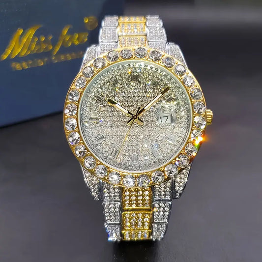 Classic Business Quartz Watch with Iced Rhinestone Finish Gold/Silver