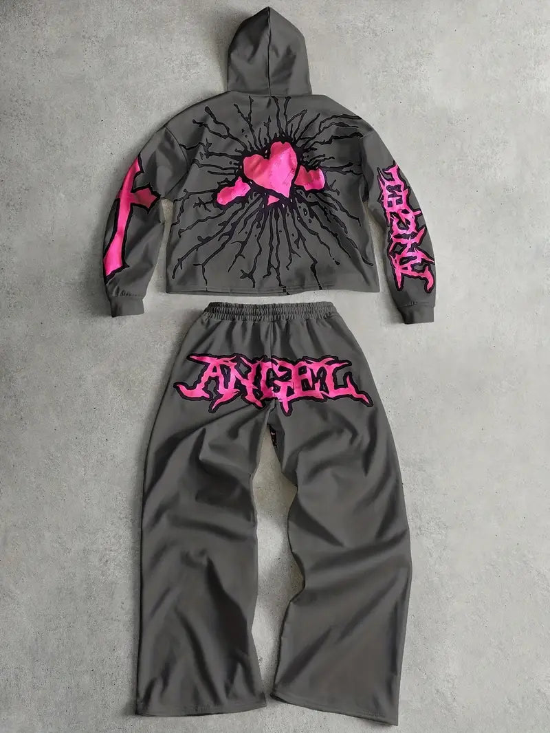 Men's 3D Angel Heart Hoodie Set Polyester Casual Streetwear Two-Piece Outfit with Graphic Sweatshirt & Pants