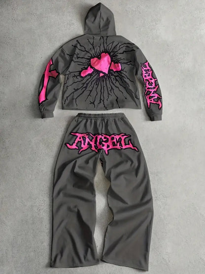 Men's 3D Angel Heart Hoodie Set Polyester Casual Streetwear Two-Piece Outfit with Graphic Sweatshirt & Pants