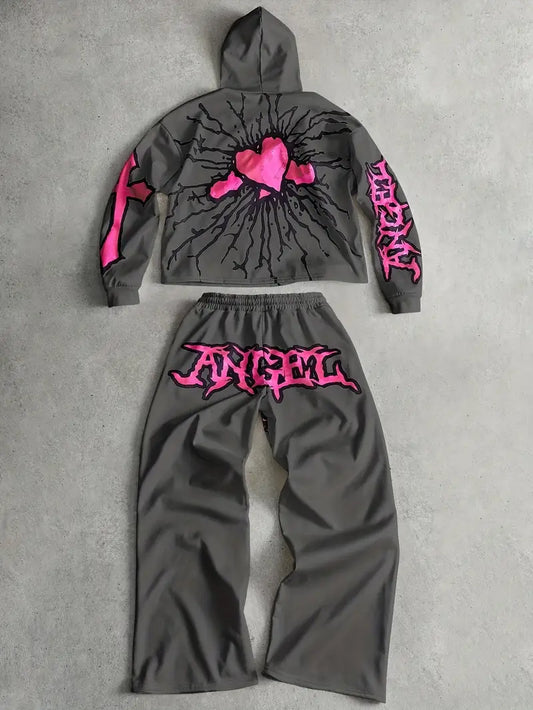 Men's 3D Angel Heart Hoodie Set Polyester Casual Streetwear Two-Piece Outfit with Graphic Sweatshirt & Pants