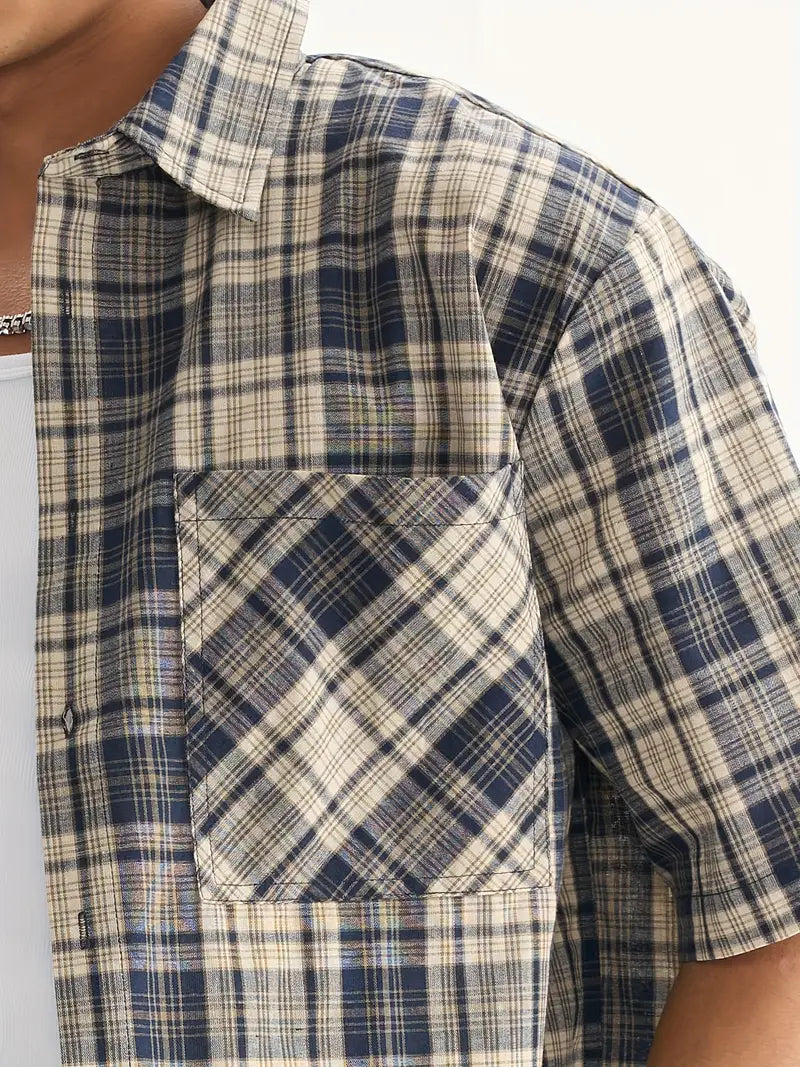 Men's Beige Blue Black Plaid Cropped Shirt Oversized Button-Up Relaxed Fit Short Sleeve Casual Top