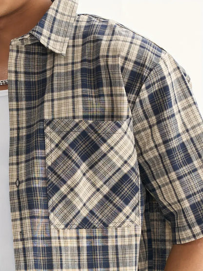 Men's Beige Blue Black Plaid Cropped Shirt Oversized Button-Up Relaxed Fit Short Sleeve Casual Top