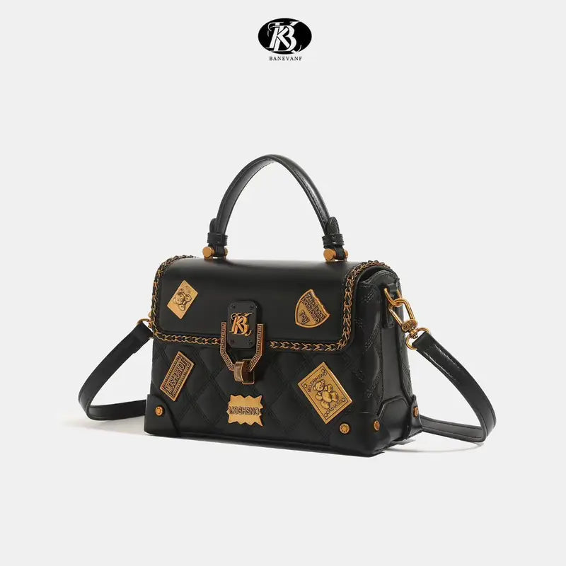 Women’s Small Square Handbag – Glossy Crossbody Purse with Emblem Badge Accent & Zipper Closure