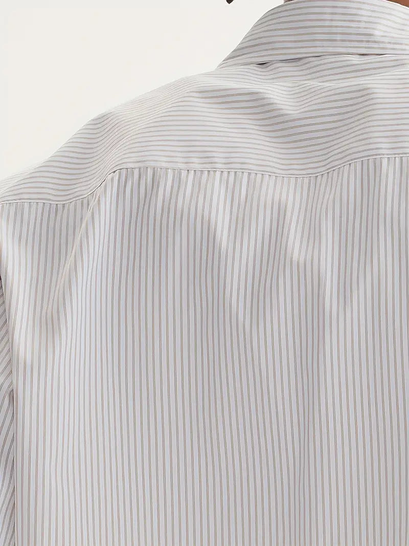 Unisex Casual Striped Shirt Oversized Short Sleeve Button-Up with Chest Pocket Lightweight Polyester