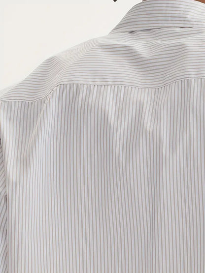 Unisex Casual Striped Shirt Oversized Short Sleeve Button-Up with Chest Pocket Lightweight Polyester