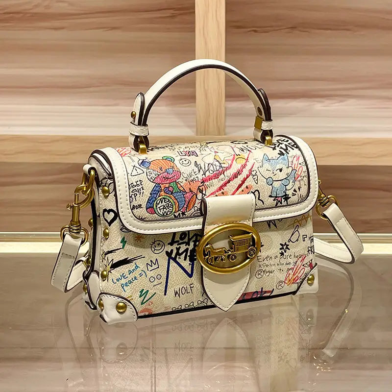 Women's Genuine Leather Graffiti Bear Crossbody Bag Cute Small Square Handbag with Graffiti Lettering Golden-Tone Hardware Nylon Lining Zipper Closure Green