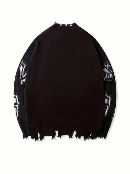 Men's Black Knit Sweater – Fringe Detail, Loose Fit, Casual Pullover for Fall & Winter Fashion