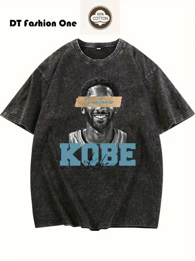 Men's Washed Cotton Graphic T-Shirt Loose Fit Crew Neck Short Sleeve Vintage Streetwear with Bold Print