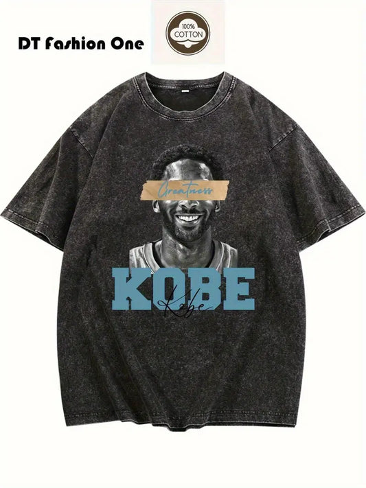 Men's Washed Cotton Graphic T-Shirt Loose Fit Crew Neck Short Sleeve Vintage Streetwear with Bold Print