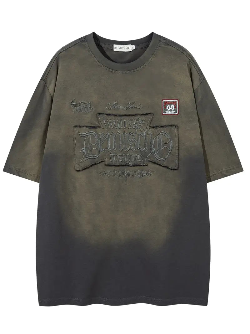 Men's Vintage Washed Tie-Dye T-Shirt Embroidered Letters Loose Fit Crew Neck Short Sleeve Summer Top Khaki