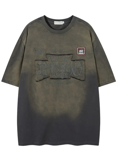 Men's Vintage Washed Tie-Dye T-Shirt Embroidered Letters Loose Fit Crew Neck Short Sleeve Summer Top Khaki