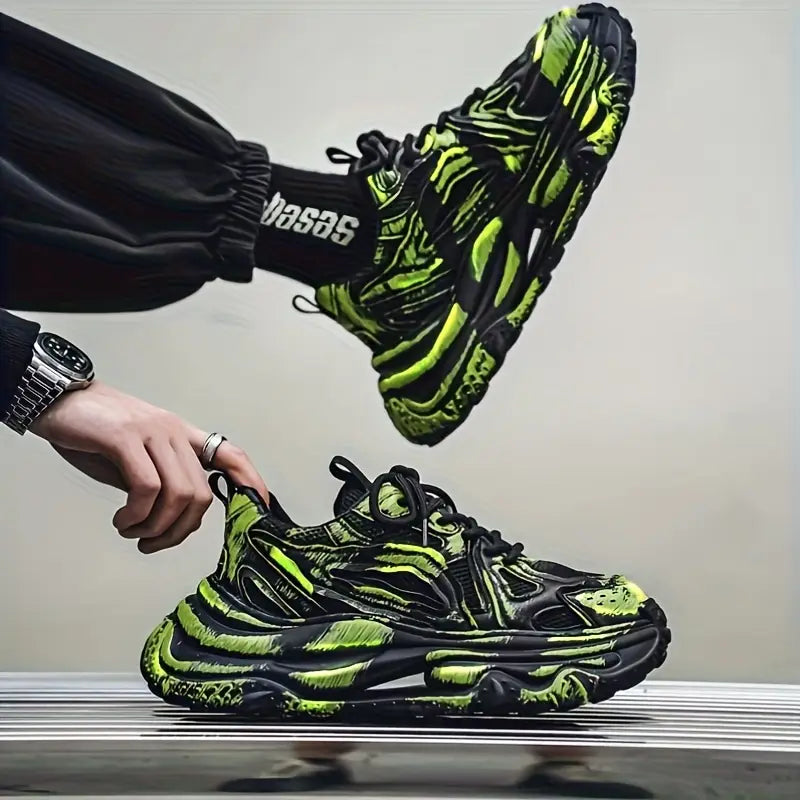 Men’s Chunky Platform Sneakers with Thick Height-Increasing Sole – Neon Green & Black, Round Toe Synthetic Upper, Arch Support, Cushioned Insole, Graffiti Style Casual Shoes for Parties, Office, Everyday Wear